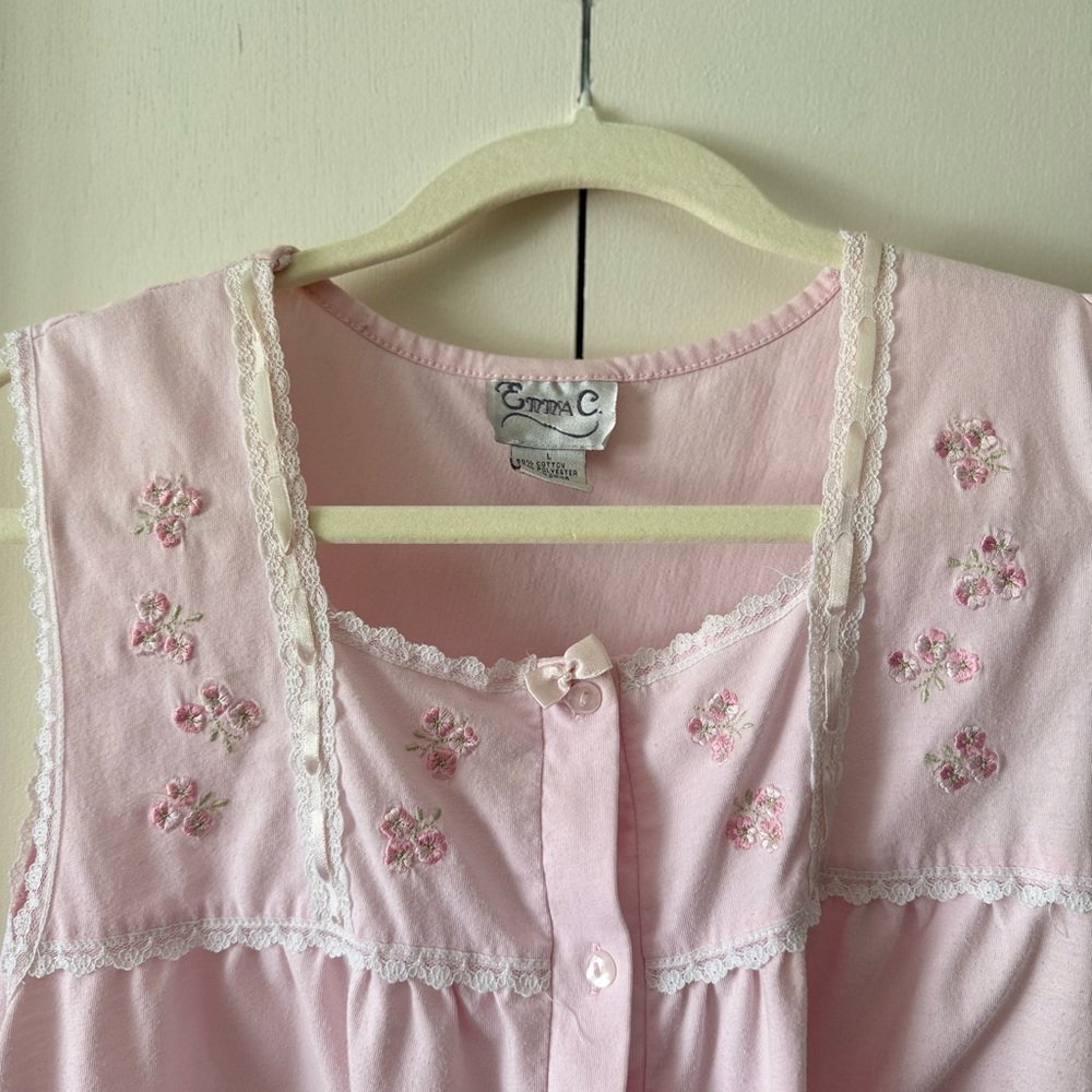 Vintage CottageCore Pajama Set Pink Embroidered Lace Bow Ribbon Coquette - Picture 2 of 8